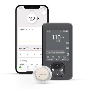 Dexcom G7 CGM system with sensor, receiver, and phone showing the app